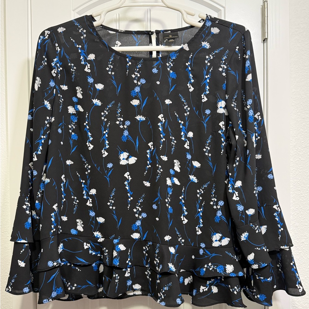 Worthington Floral Peplum Blouse XXL Women’s Bell Sleeves 2XL